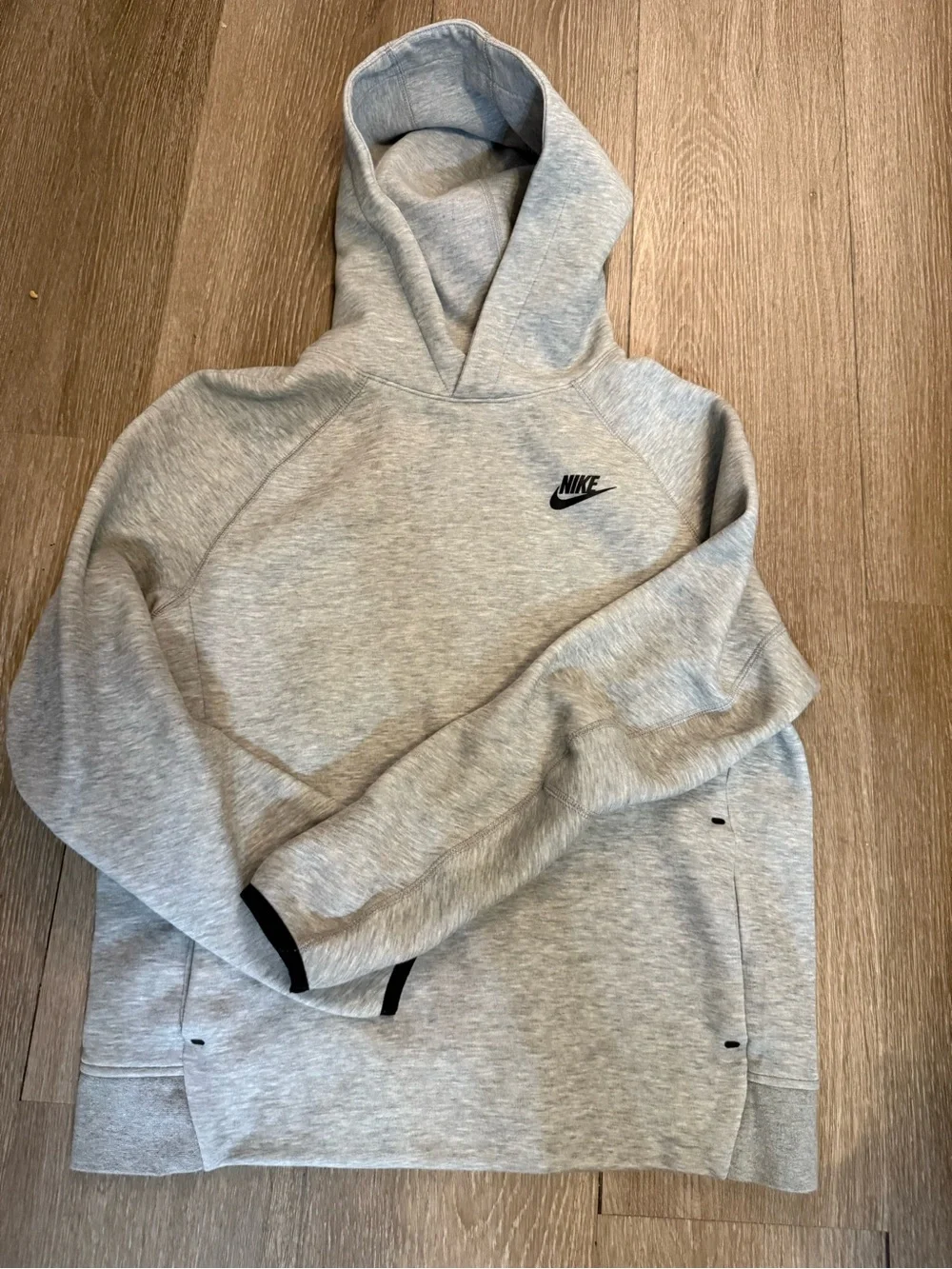 Nike Tech Heather Gray Kids Hooded Pullover with Small Black Logo